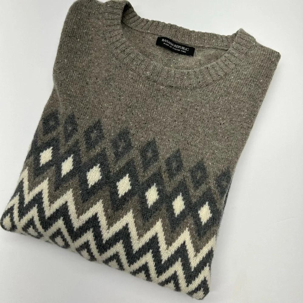 Banana Republic Gray/ Brown Crewneck Sweater Italian Yarn Wool Blend Fairisle